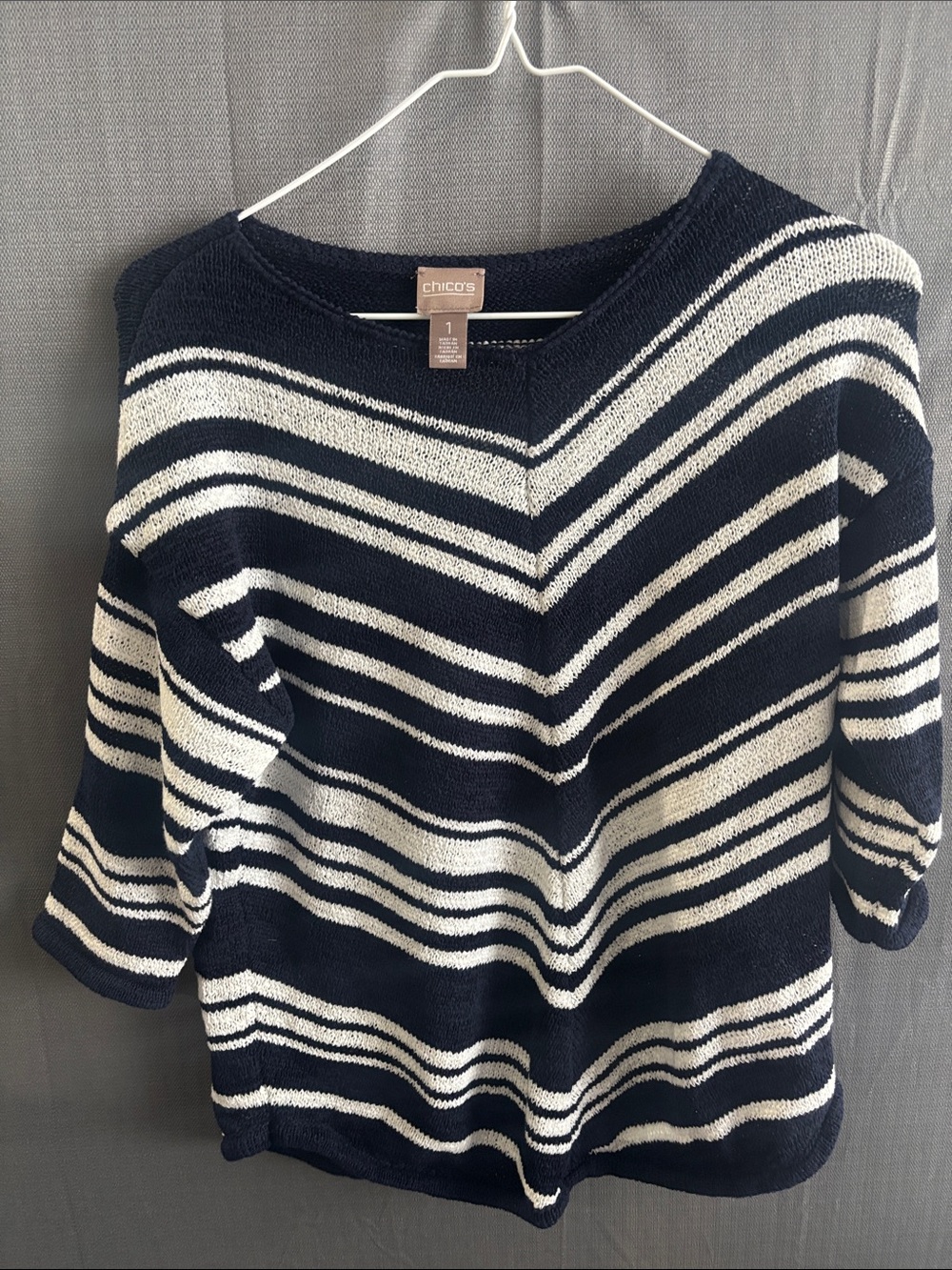 Chico's Navy & White Striped Scoop Neck Sweater